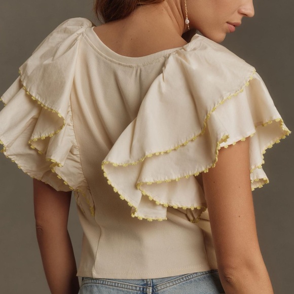 Anthropologie Oversized Ruffles Short Sleeve Ribbed Top Women’s Medium Cream - Picture 2 of 12